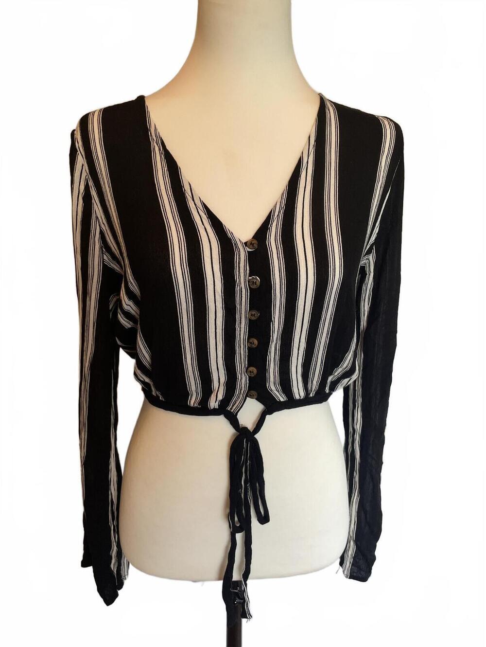 LA Hearts Black White Striped Long Sleeved Tie Front Crop Surf 90s Rayon